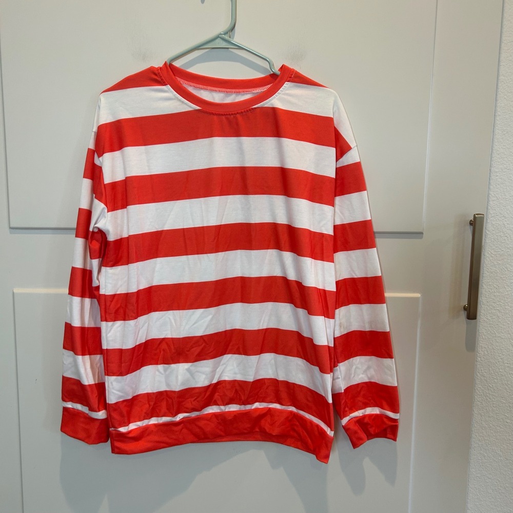Womens Red White Striped Long Sleeve Casual Crewneck Shirt‎ Size L Where's Waldo